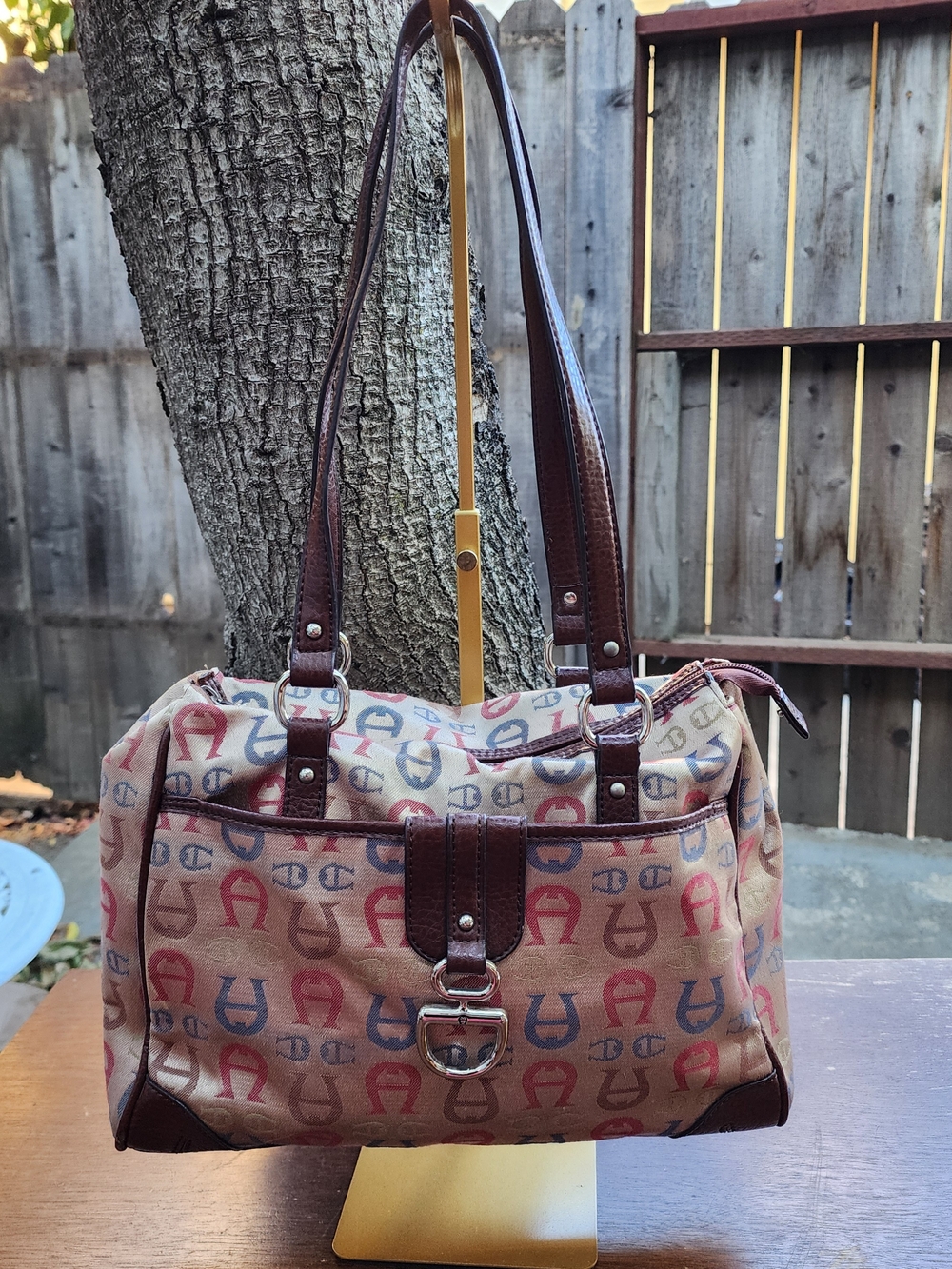 VTG Etienne Aigner Multicolor Monogram Canvas Shoulder Bag Leather Trim